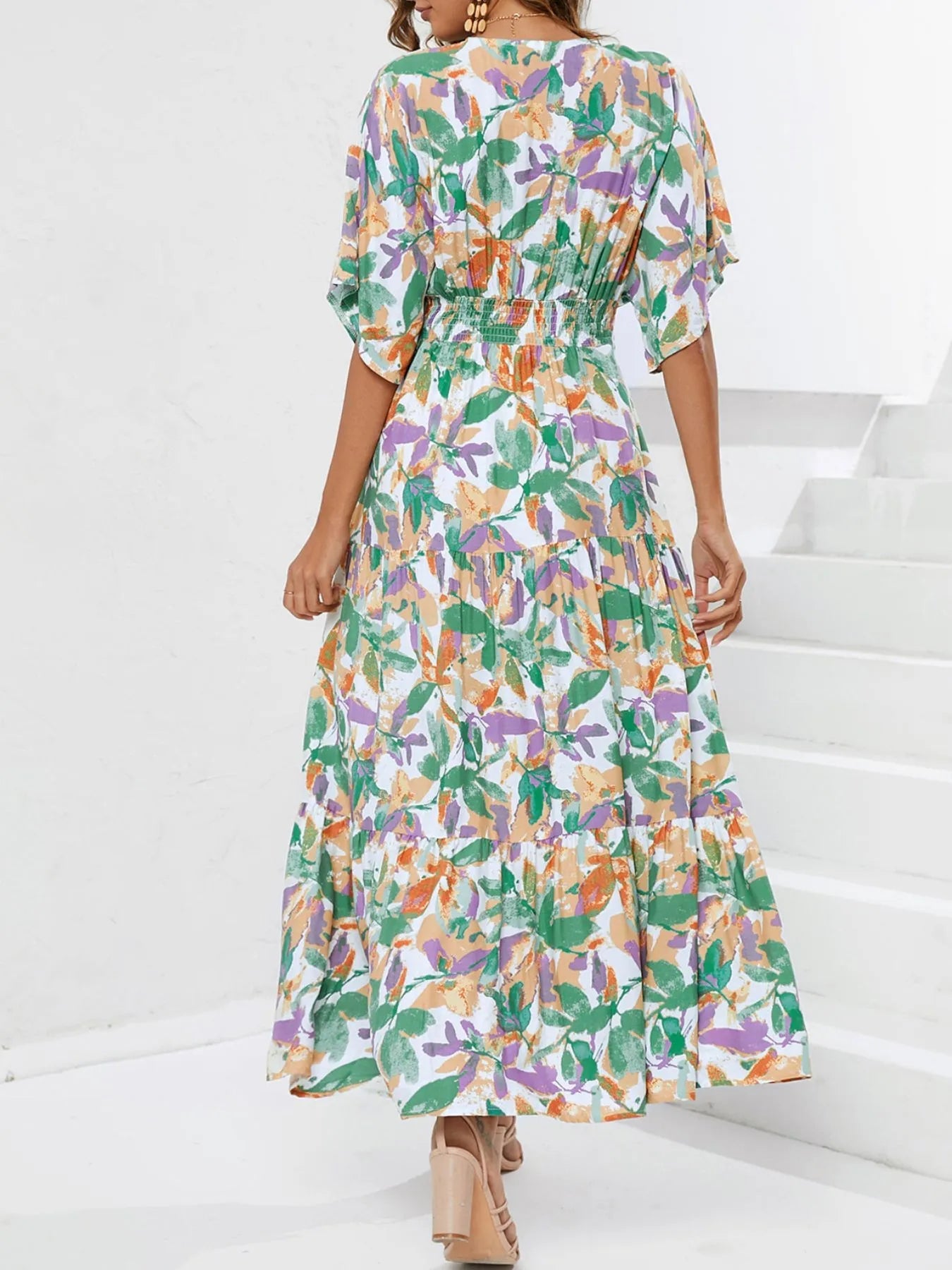Floral Print V-neck Boho Midi Dress designed for comfort and style at Lookzlike