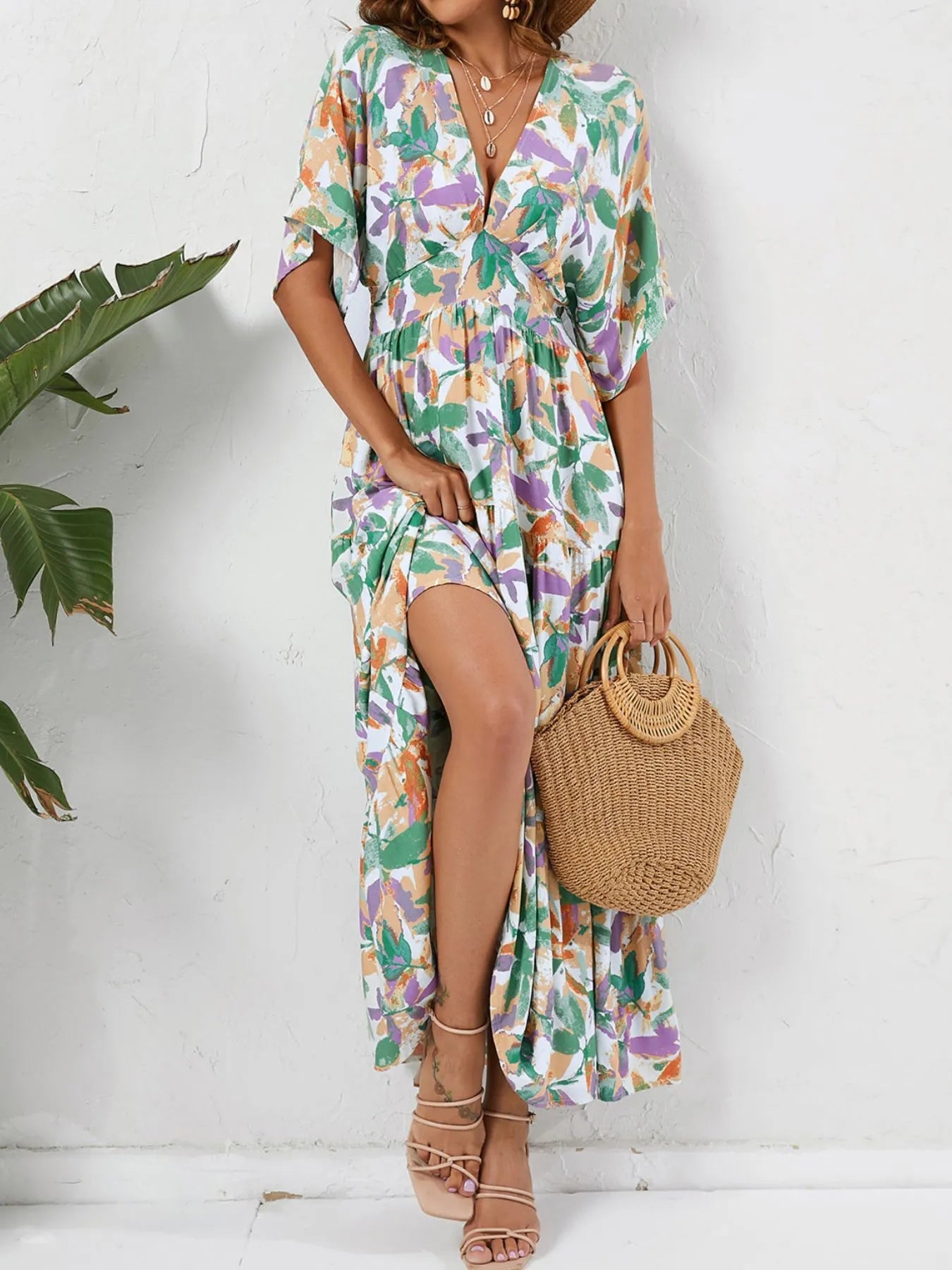 Floral Print V-neck Boho Midi Dress designed for comfort and style at Lookzlike
