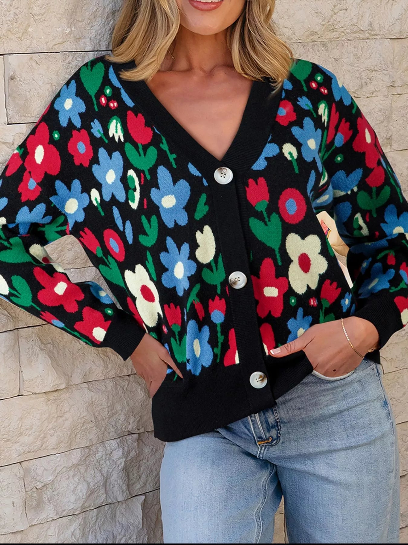 Floral Print V Neck Buttoned Cardigan designed for comfort and style at Lookzlike