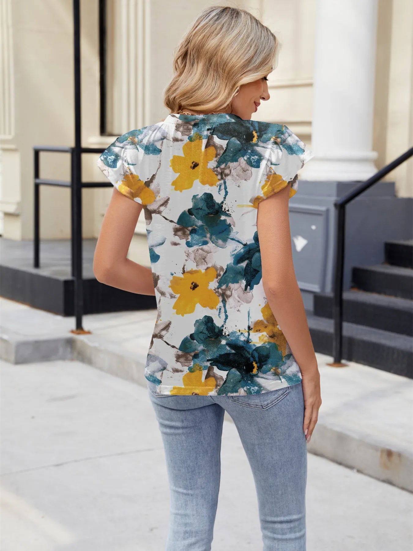 Floral Print V-Neck Cap Sleeve Casual Summer Blouse - Lookzlike