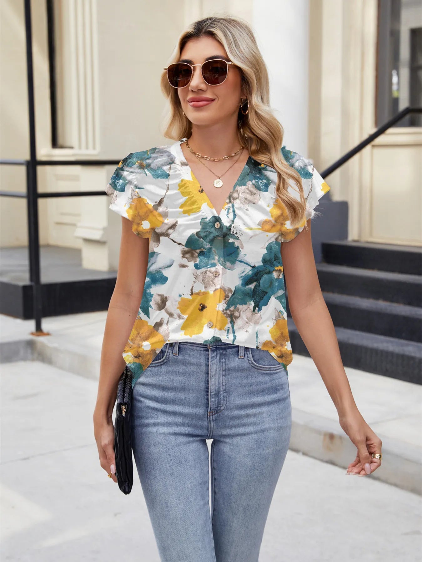 Floral Print V-Neck Cap Sleeve Casual Summer Blouse - Lookzlike