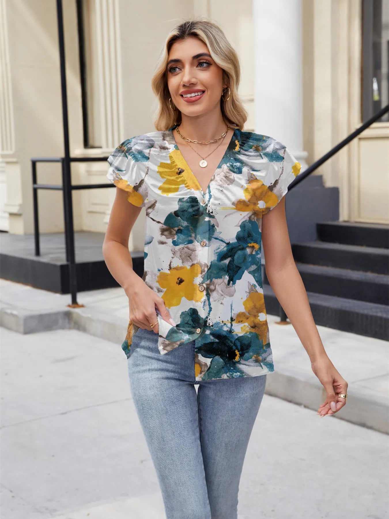 Floral Print V-Neck Cap Sleeve Casual Summer Blouse - Lookzlike