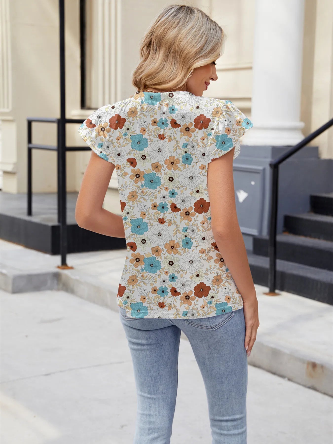 Floral Print V-Neck Cap Sleeve Casual Summer Blouse - Lookzlike