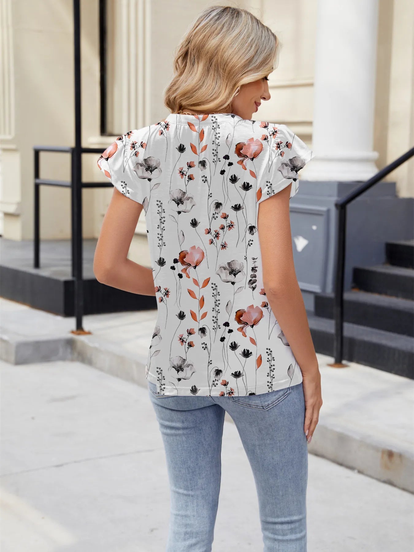 Floral Print V-Neck Cap Sleeve Casual Summer Blouse - Lookzlike