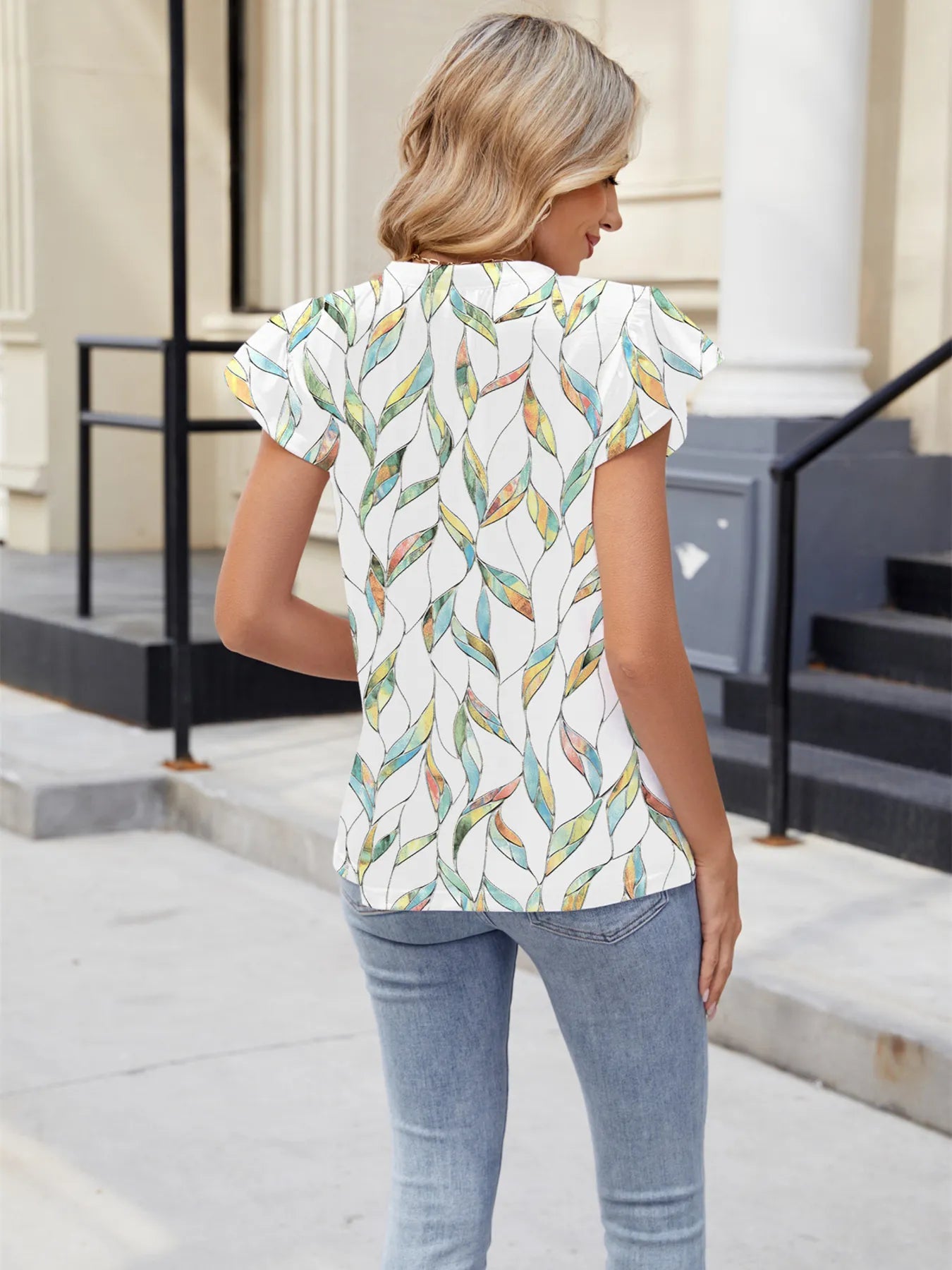 Floral Print V-Neck Cap Sleeve Casual Summer Blouse - Lookzlike