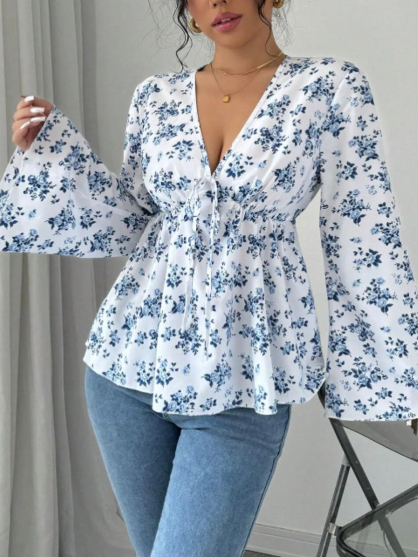 Floral Print V - Neck Long Sleeve Blouse designed for comfort and style at Lookzlike