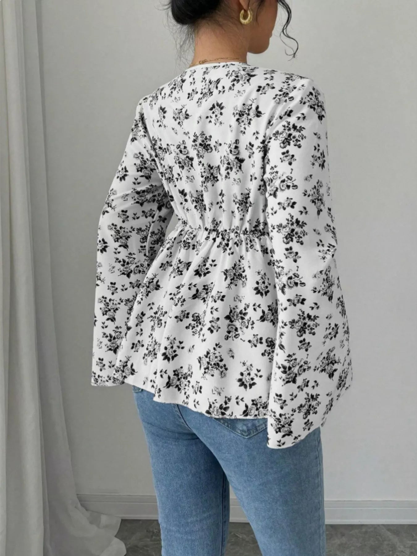 Floral Print V - Neck Long Sleeve Blouse designed for comfort and style at Lookzlike