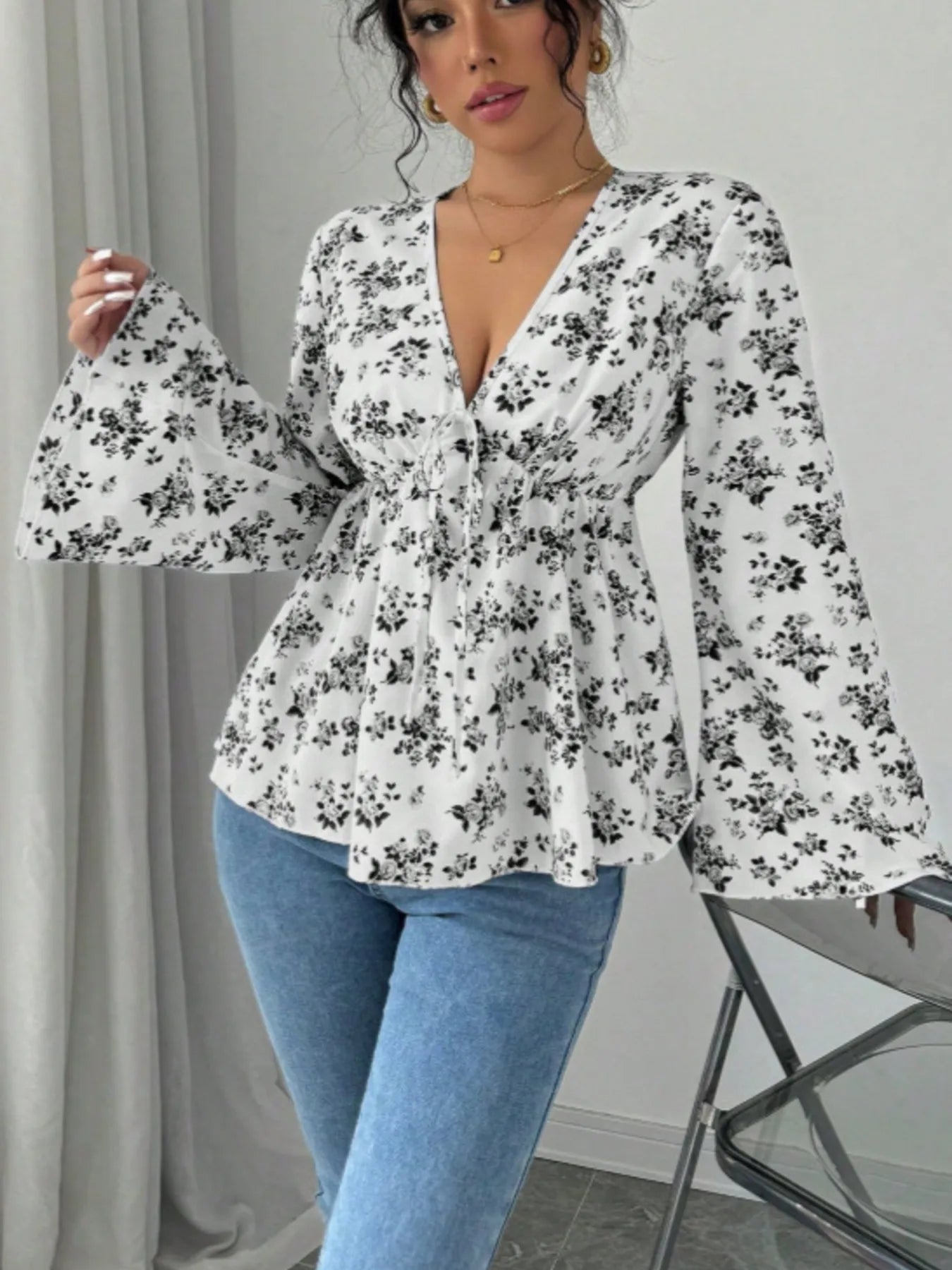 Floral Print V - Neck Long Sleeve Blouse designed for comfort and style at Lookzlike