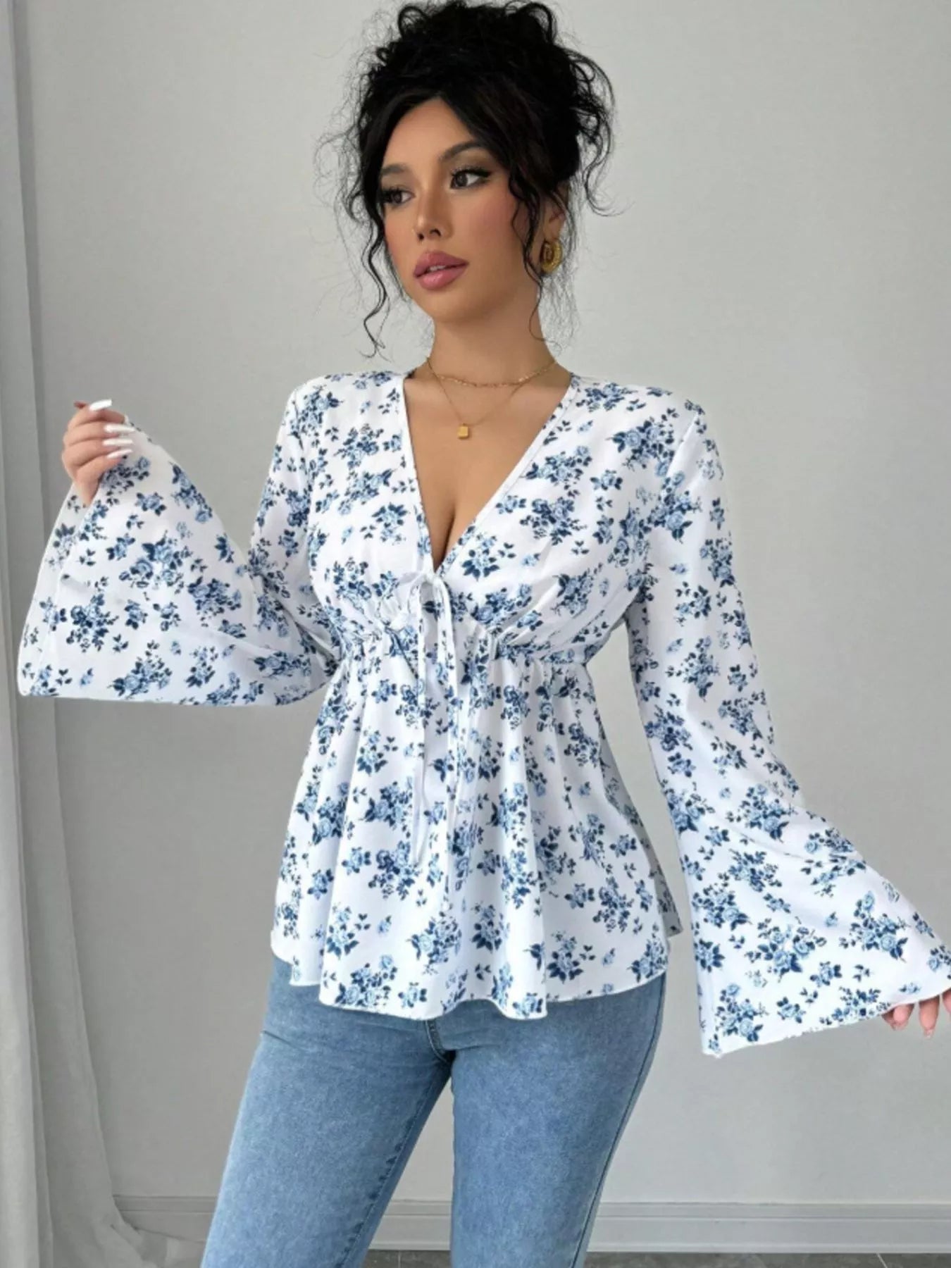 Floral Print V - Neck Long Sleeve Blouse designed for comfort and style at Lookzlike