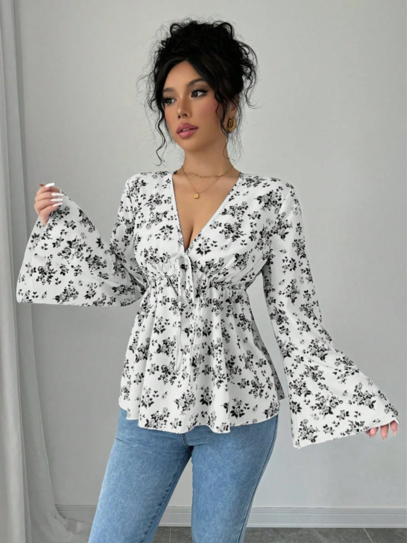 Floral Print V - Neck Long Sleeve Blouse designed for comfort and style at Lookzlike