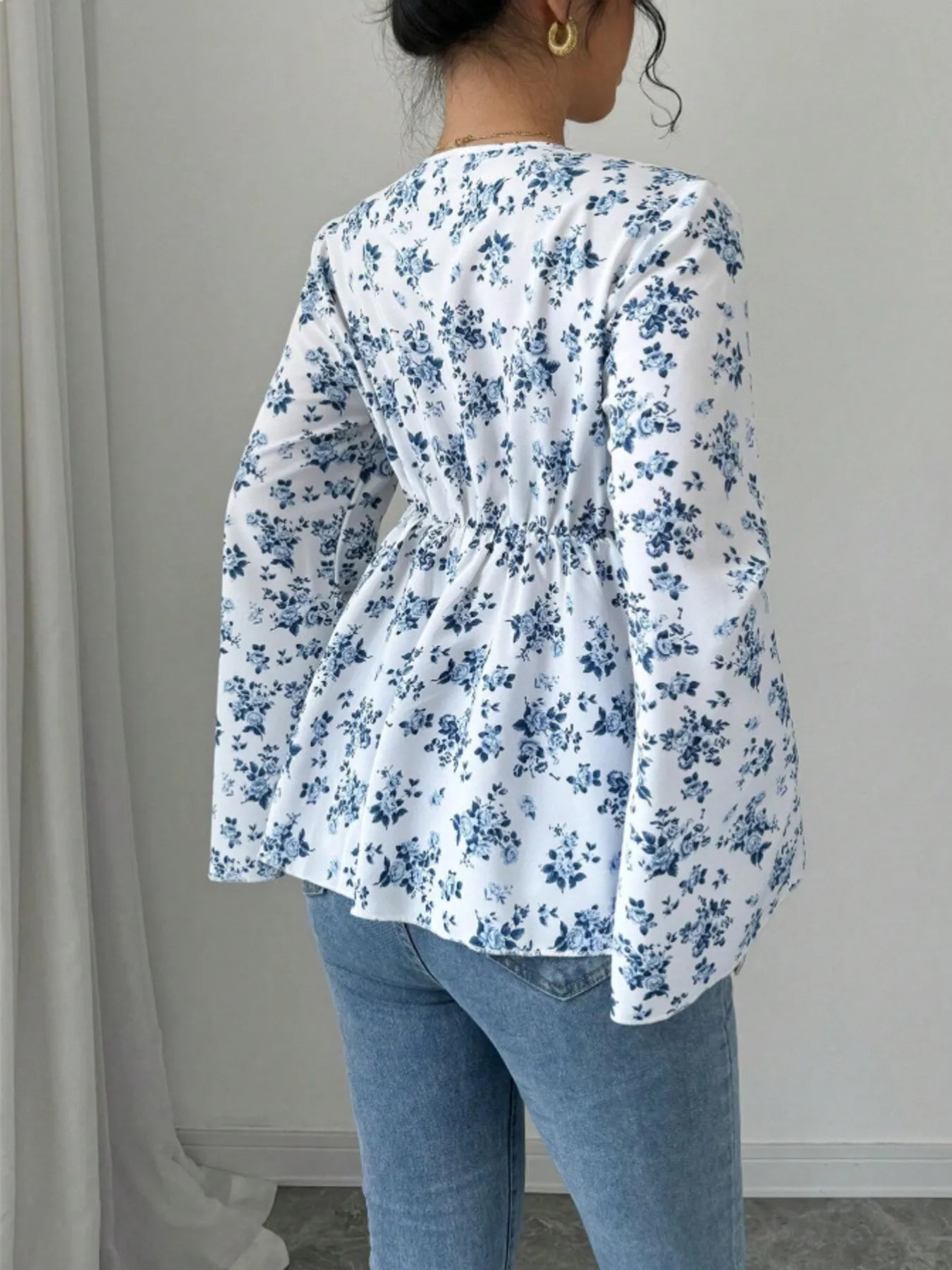 Floral Print V - Neck Long Sleeve Blouse designed for comfort and style at Lookzlike