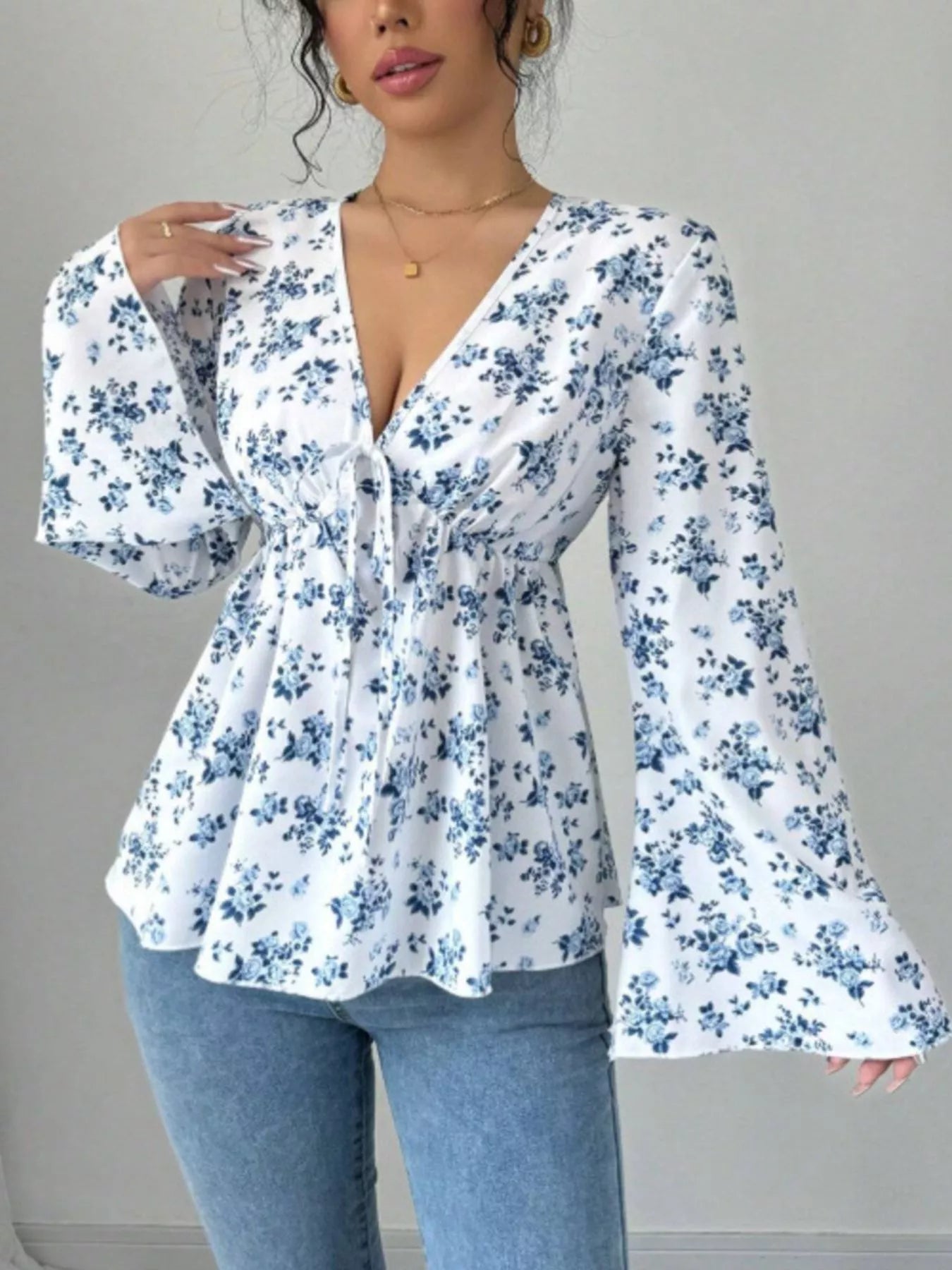 Floral Print V - Neck Long Sleeve Blouse designed for comfort and style at Lookzlike