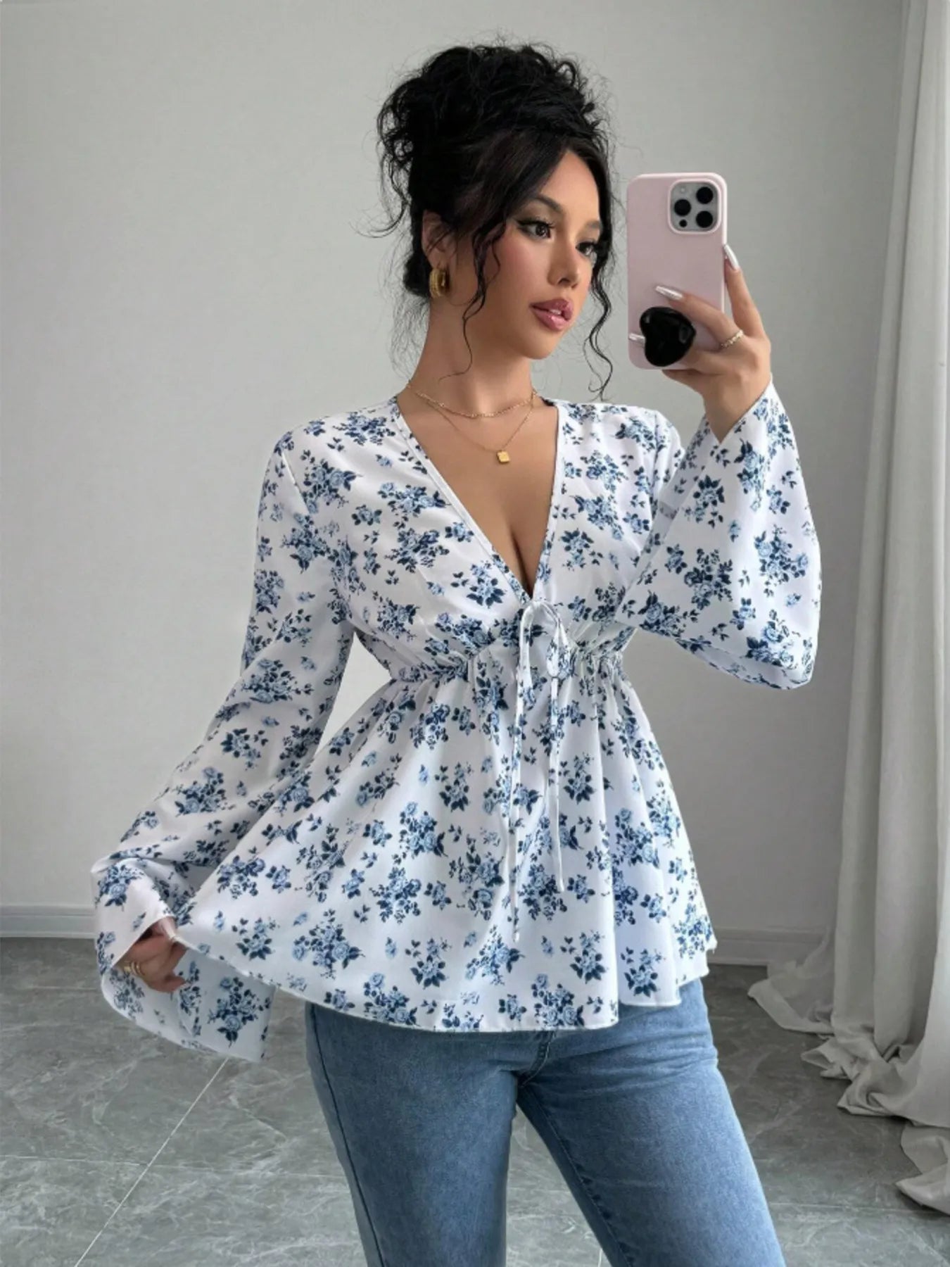 Floral Print V - Neck Long Sleeve Blouse designed for comfort and style at Lookzlike