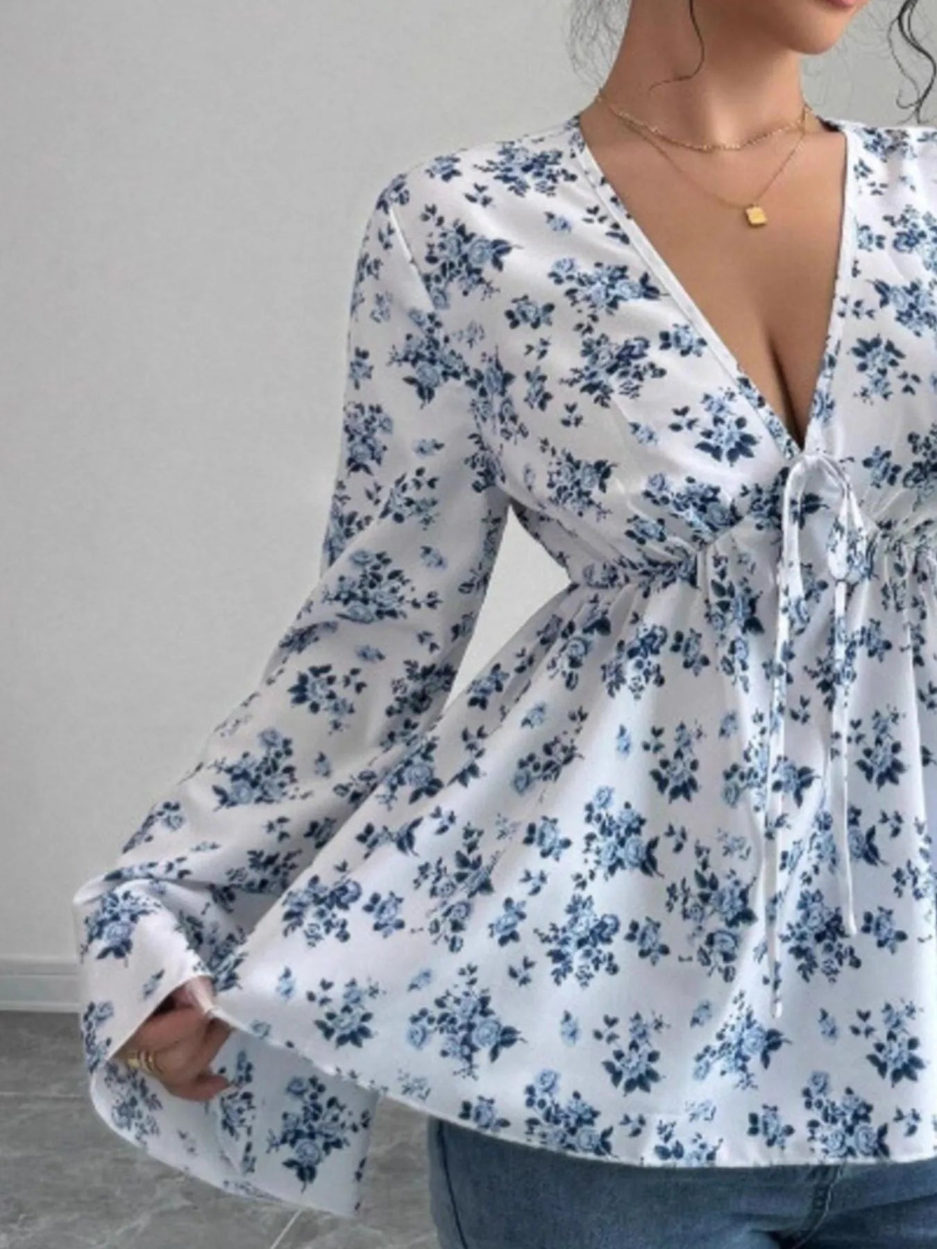 Floral Print V - Neck Long Sleeve Blouse designed for comfort and style at Lookzlike