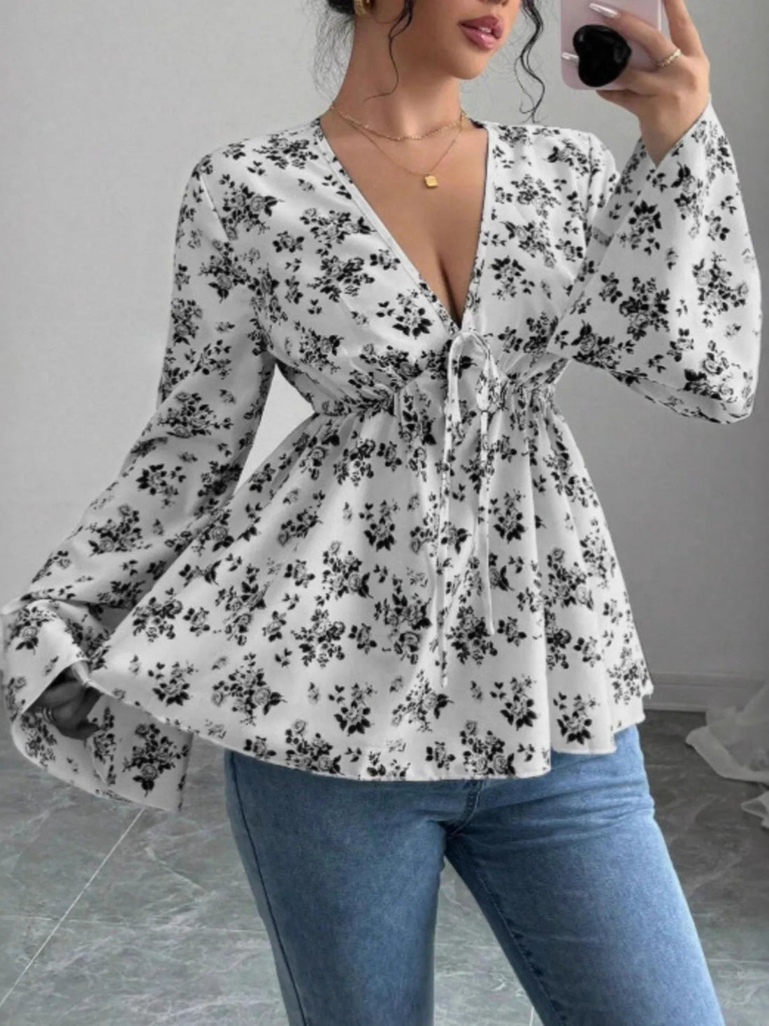 Floral Print V - Neck Long Sleeve Blouse designed for comfort and style at Lookzlike