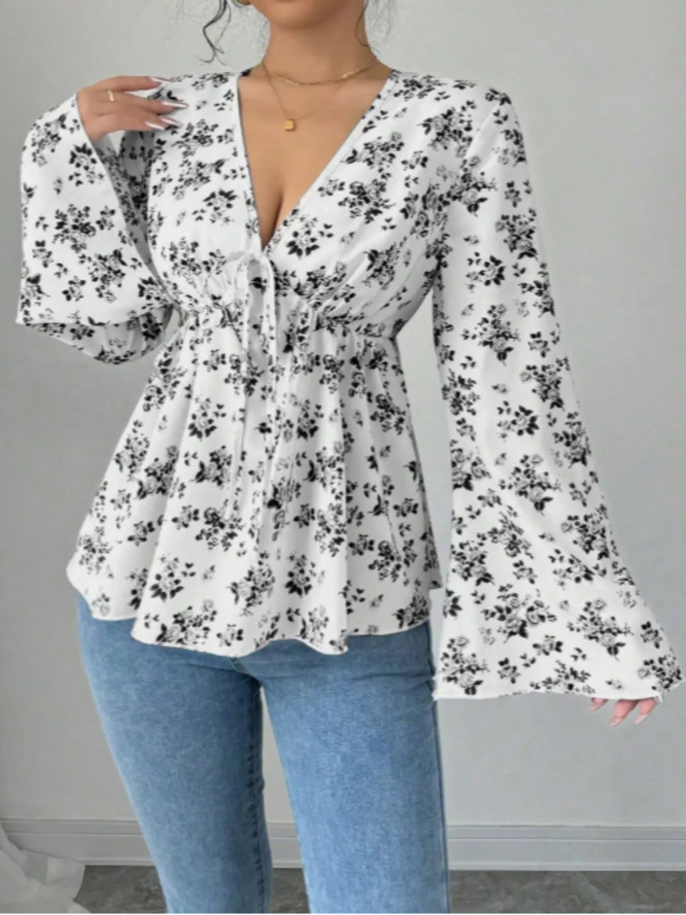 Floral Print V - Neck Long Sleeve Blouse designed for comfort and style at Lookzlike