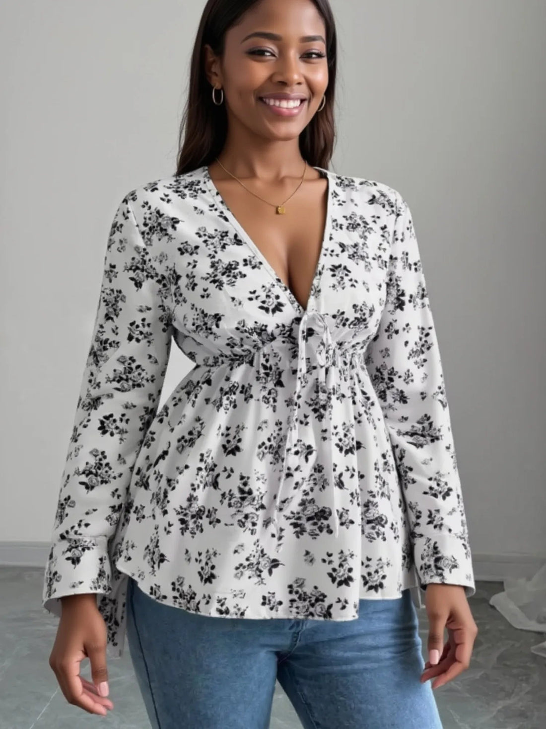 Floral Print V - Neck Long Sleeve Blouse designed for comfort and style at Lookzlike