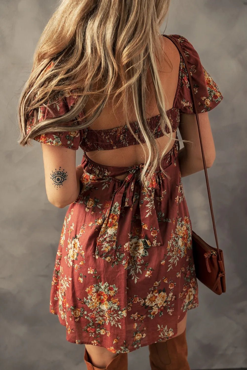 Floral Puff Sleeve Square Neck Knot Open Back Mini Dress designed for comfort and style at Lookzlike