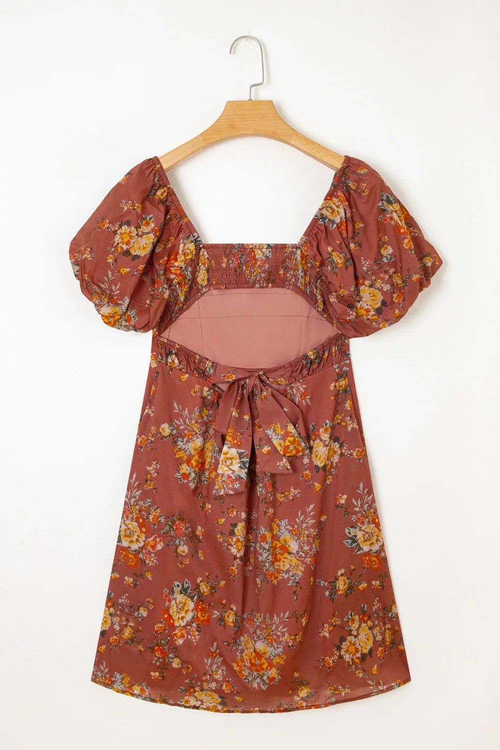 Floral Puff Sleeve Square Neck Knot Open Back Mini Dress designed for comfort and style at Lookzlike