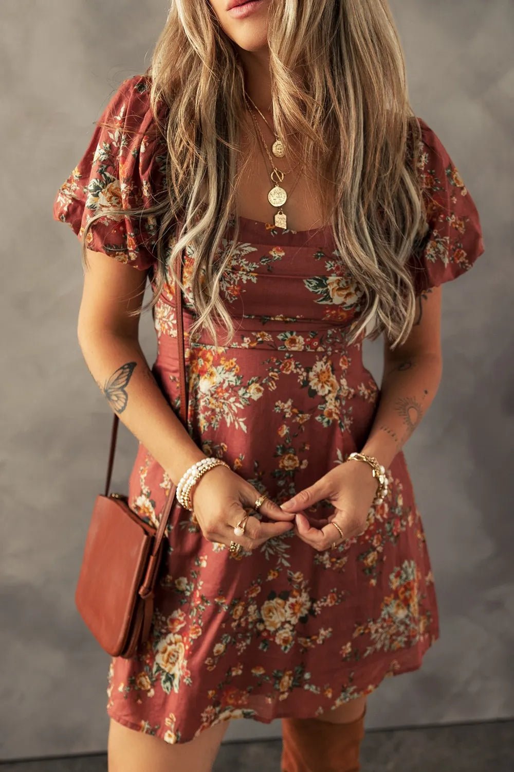 Floral Puff Sleeve Square Neck Knot Open Back Mini Dress designed for comfort and style at Lookzlike