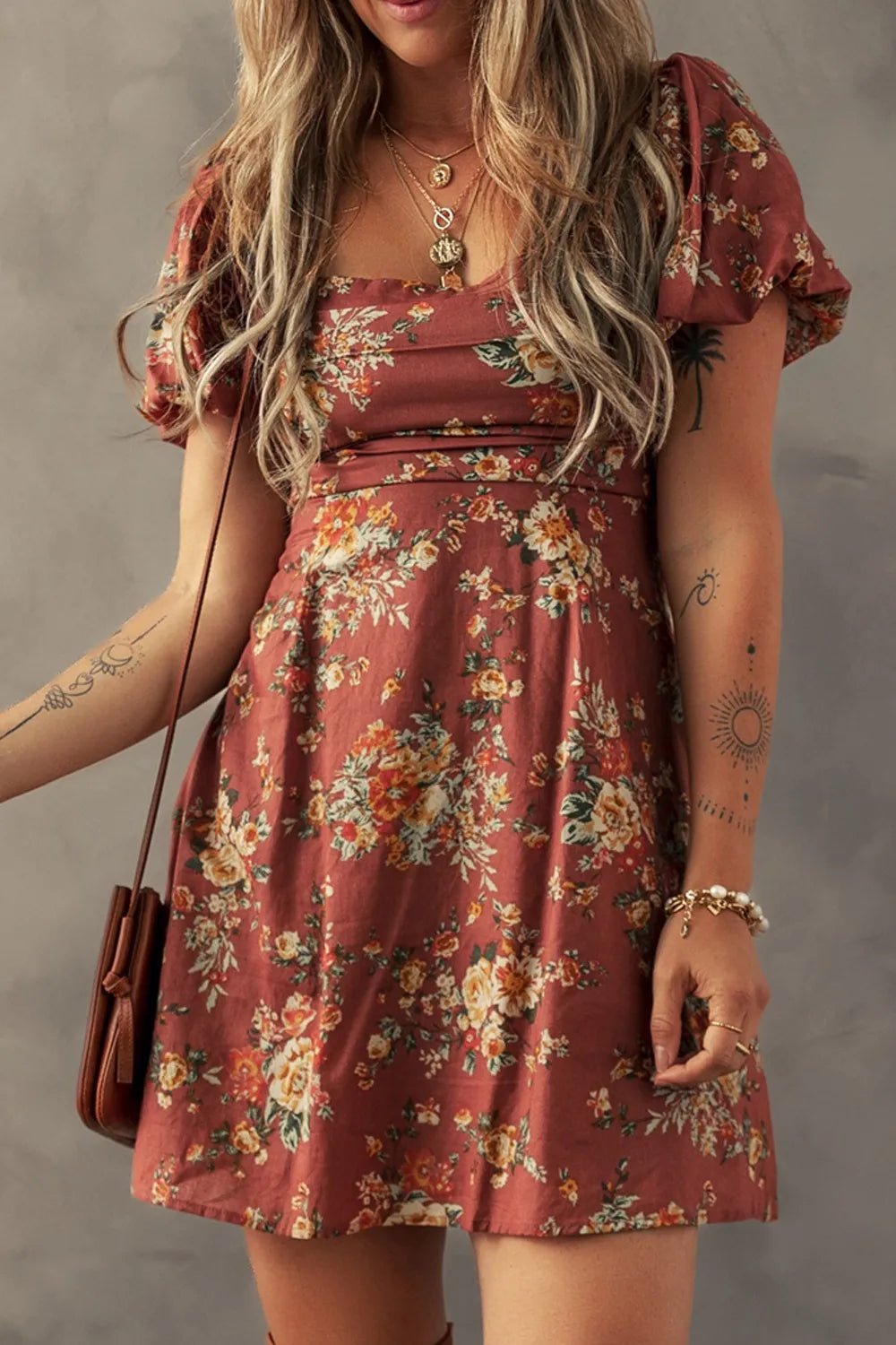 Floral Puff Sleeve Square Neck Knot Open Back Mini Dress designed for comfort and style at Lookzlike