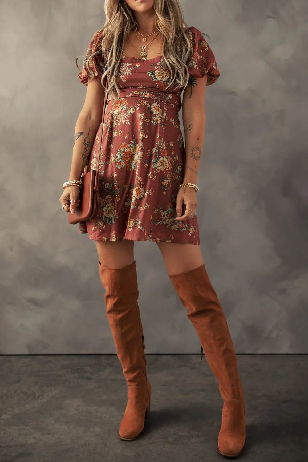 Floral Puff Sleeve Square Neck Knot Open Back Mini Dress designed for comfort and style at Lookzlike