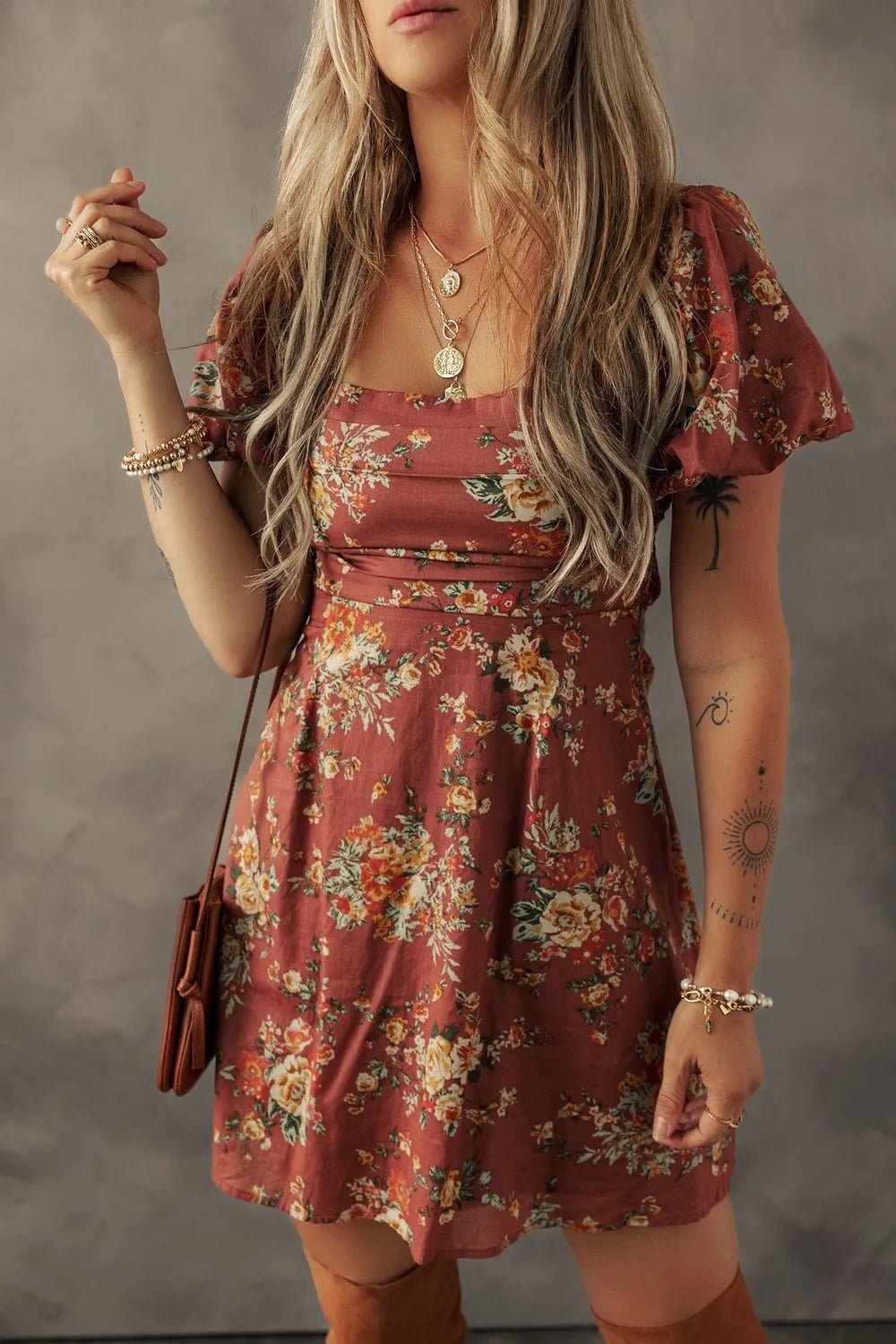 Floral Puff Sleeve Square Neck Knot Open Back Mini Dress designed for comfort and style at Lookzlike