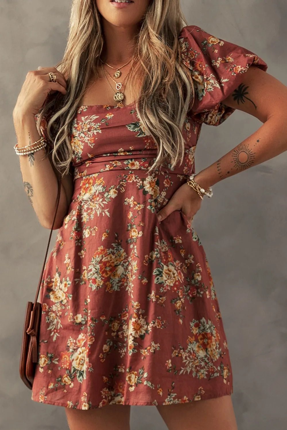 Floral Puff Sleeve Square Neck Knot Open Back Mini Dress designed for comfort and style at Lookzlike