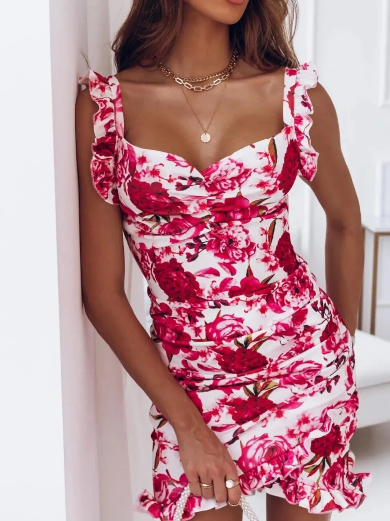 Floral Ruffle Strap Sweetheart Neck Mini Dress designed for comfort and style at Lookzlike