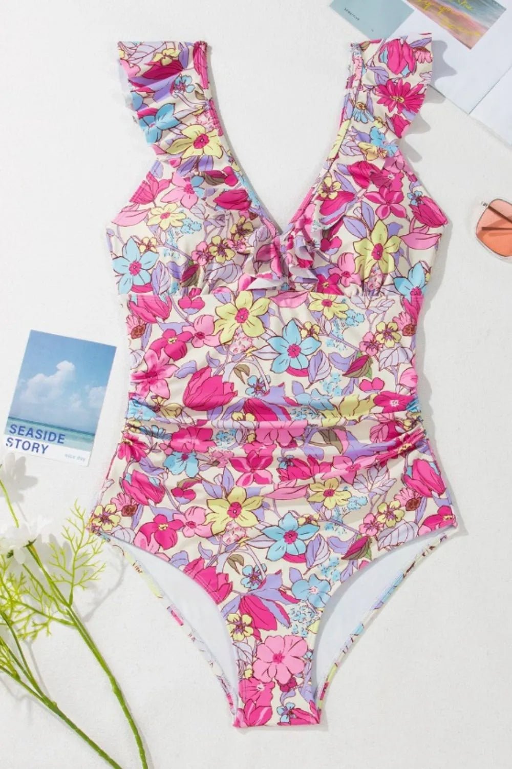 Floral Ruffle Trim Tummy Control One Piece Swimsuit designed for comfort and style at Lookzlike