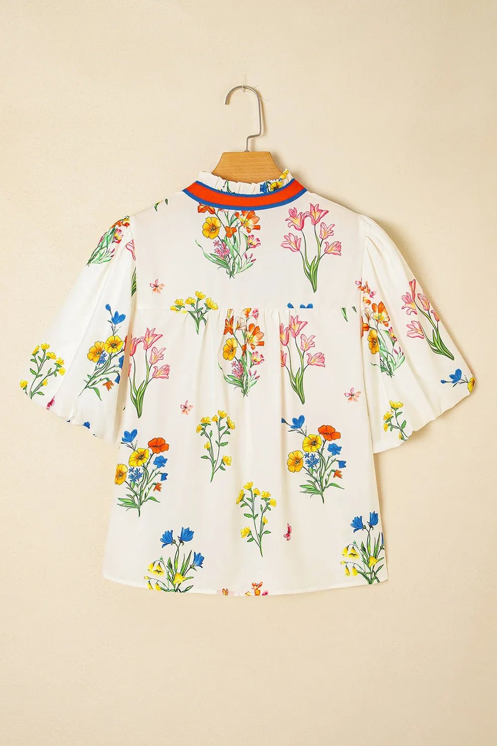 Floral Short Puff Sleeve Notched Blouse - Lookzlike