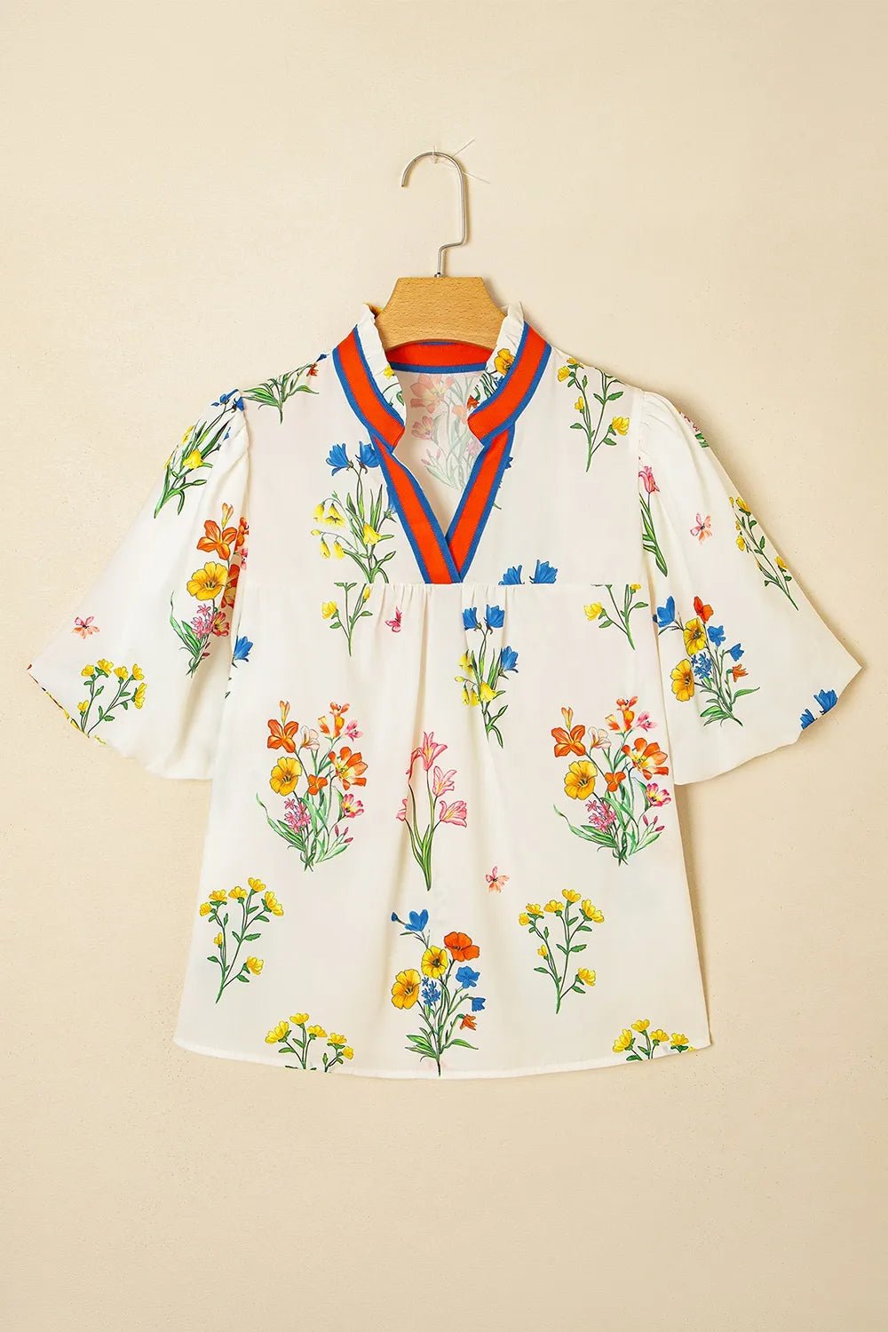 Floral Short Puff Sleeve Notched Blouse - Lookzlike