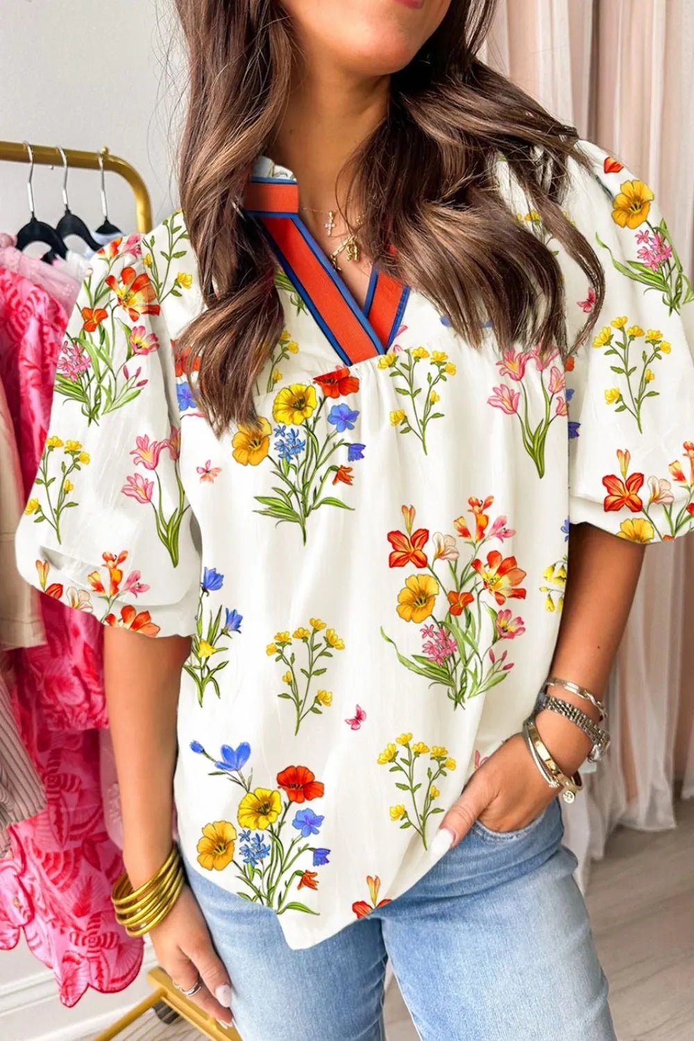 Floral Short Puff Sleeve Notched Blouse - Lookzlike