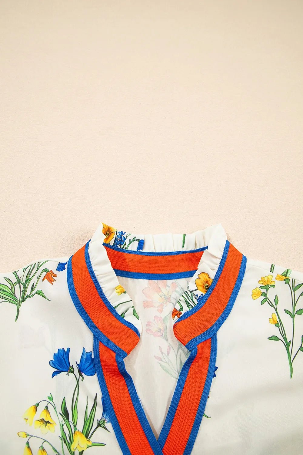 Floral Short Puff Sleeve Notched Blouse - Lookzlike