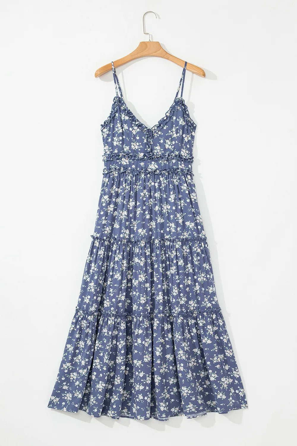 Floral Spaghetti Strap Frilled V Neck Tiered Midi Dress - Lookzlike