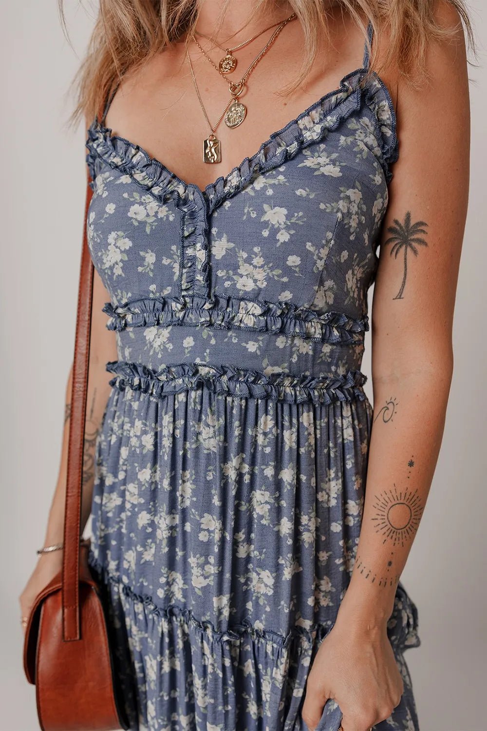 Floral Spaghetti Strap Frilled V Neck Tiered Midi Dress - Lookzlike