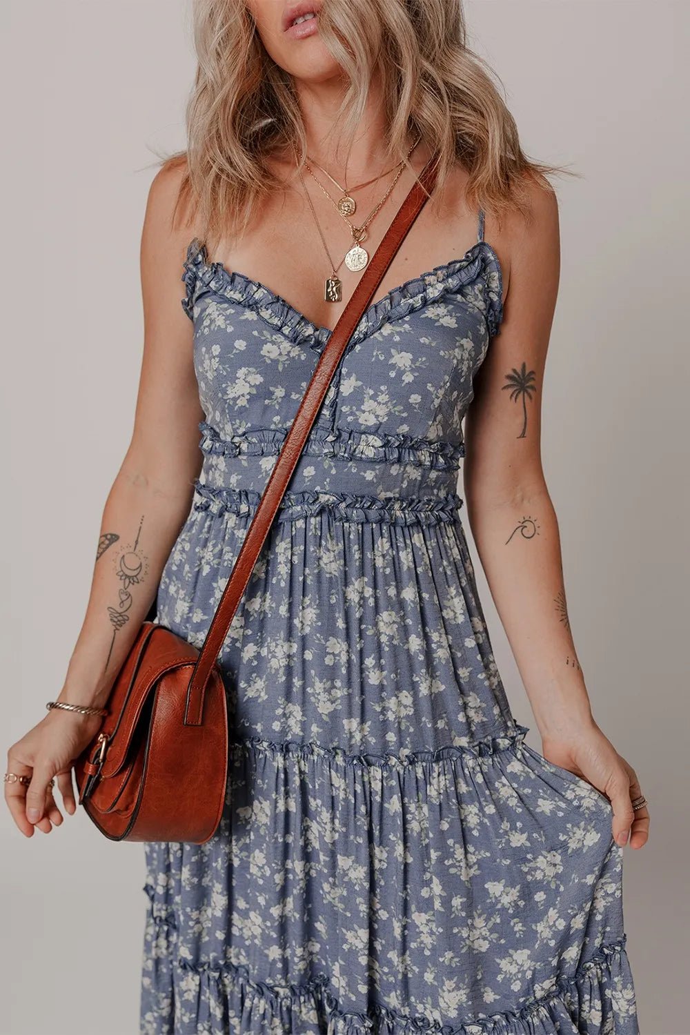 Floral Spaghetti Strap Frilled V Neck Tiered Midi Dress - Lookzlike