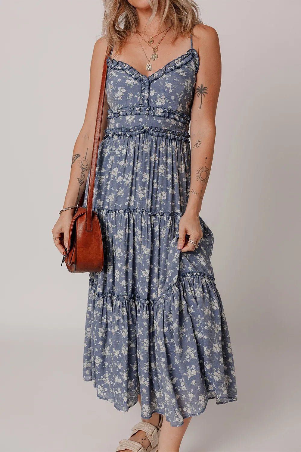 Floral Spaghetti Strap Frilled V Neck Tiered Midi Dress - Lookzlike