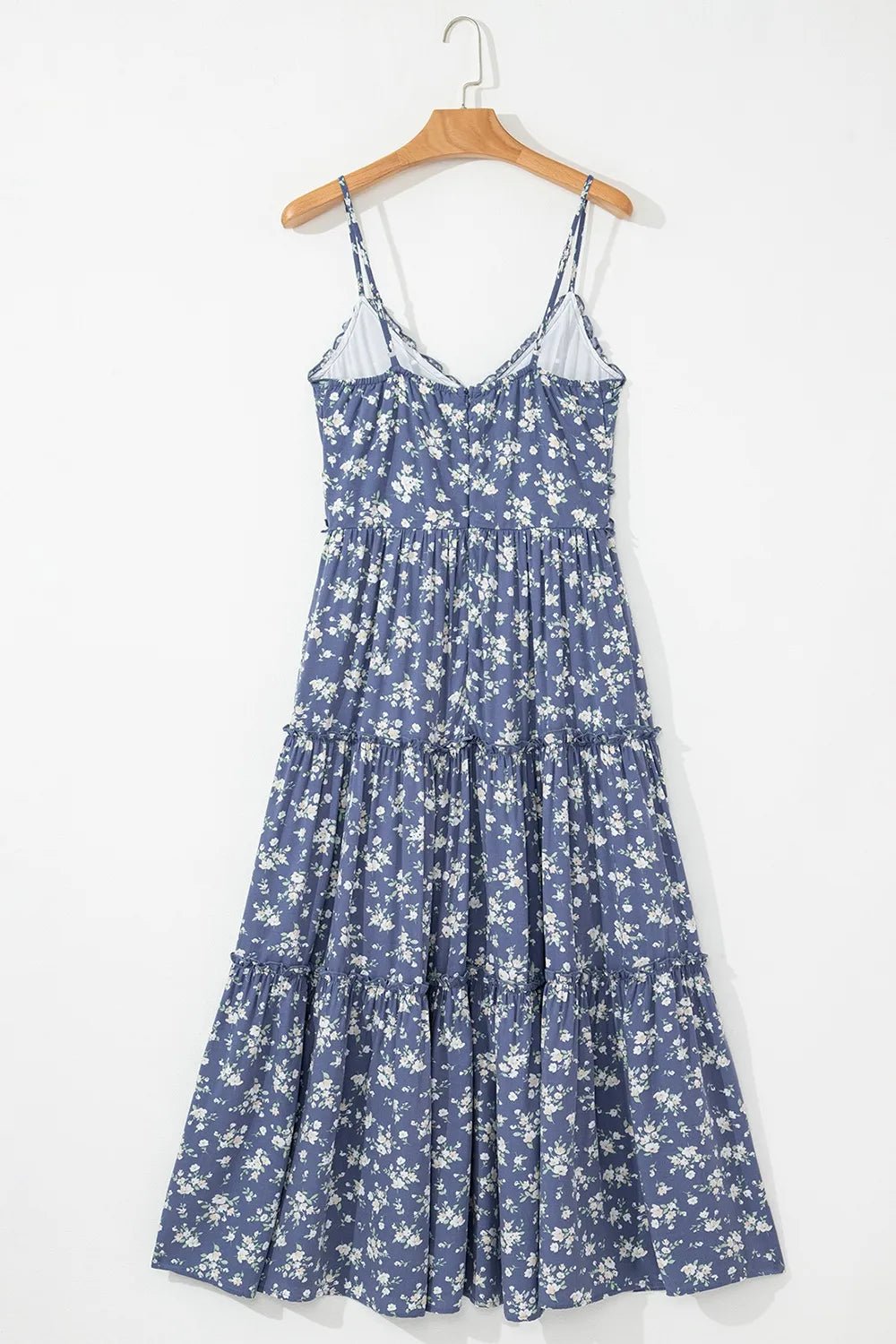 Floral Spaghetti Strap Frilled V Neck Tiered Midi Dress - Lookzlike