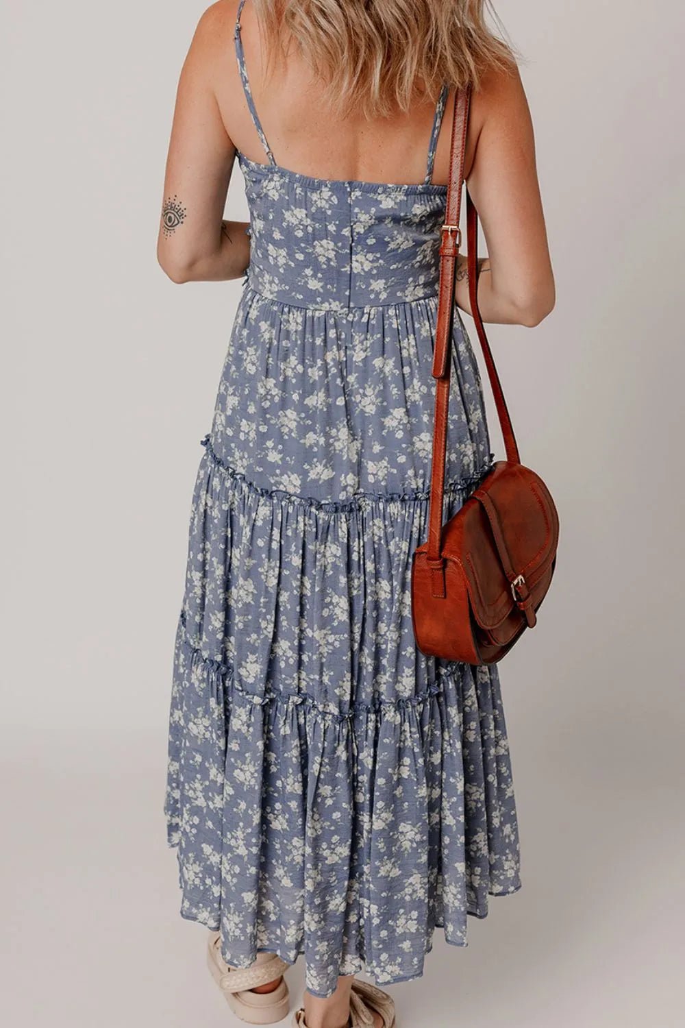 Floral Spaghetti Strap Frilled V Neck Tiered Midi Dress - Lookzlike