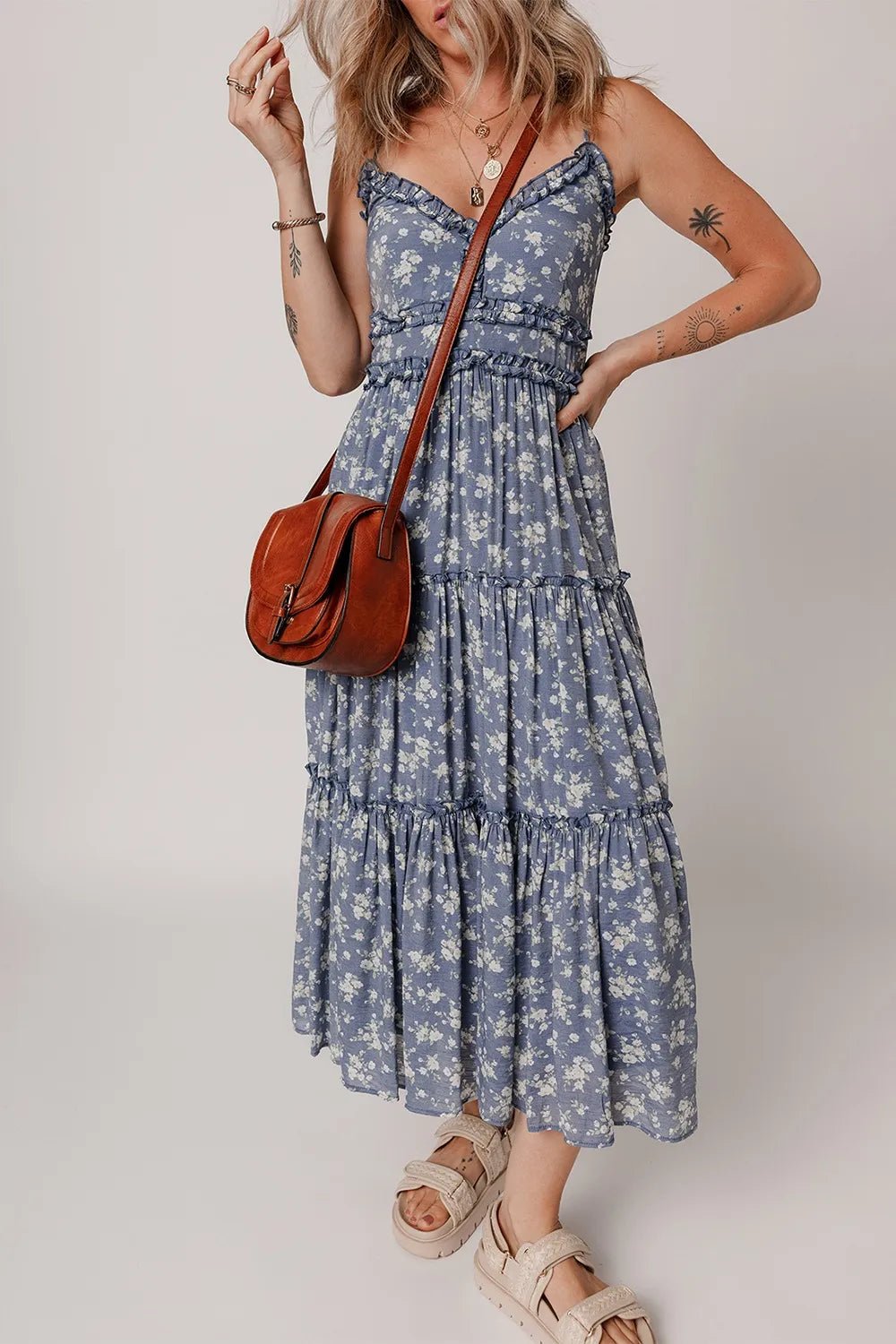 Floral Spaghetti Strap Frilled V Neck Tiered Midi Dress - Lookzlike