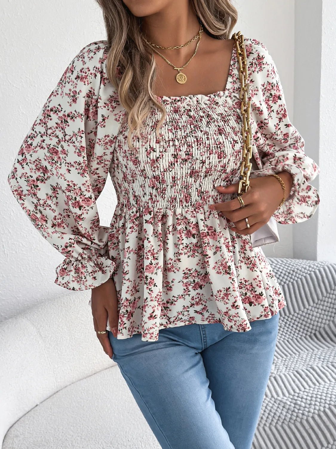 Floral Square Neck Flounce Sleeve Blouse - Lookzlike