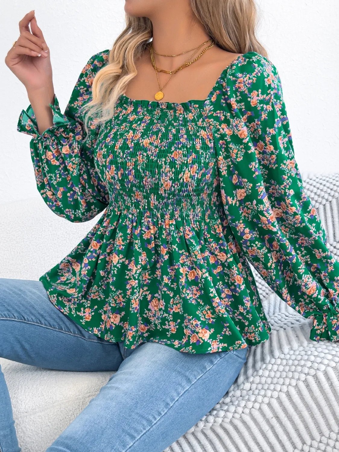 Floral Square Neck Flounce Sleeve Blouse - Lookzlike