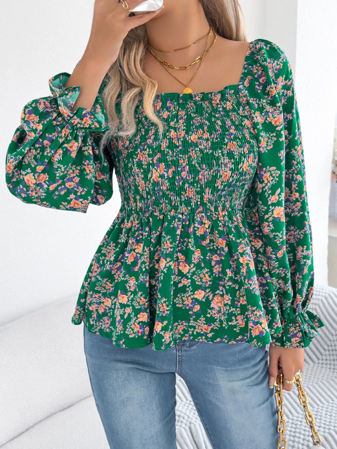 Floral Square Neck Flounce Sleeve Blouse - Lookzlike