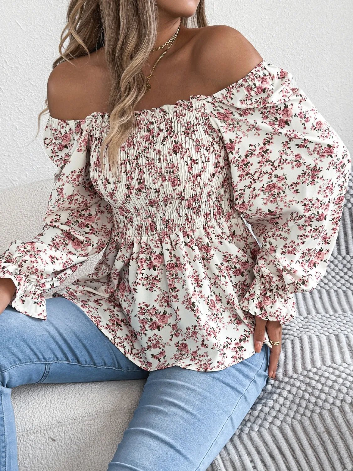 Floral Square Neck Flounce Sleeve Blouse - Lookzlike
