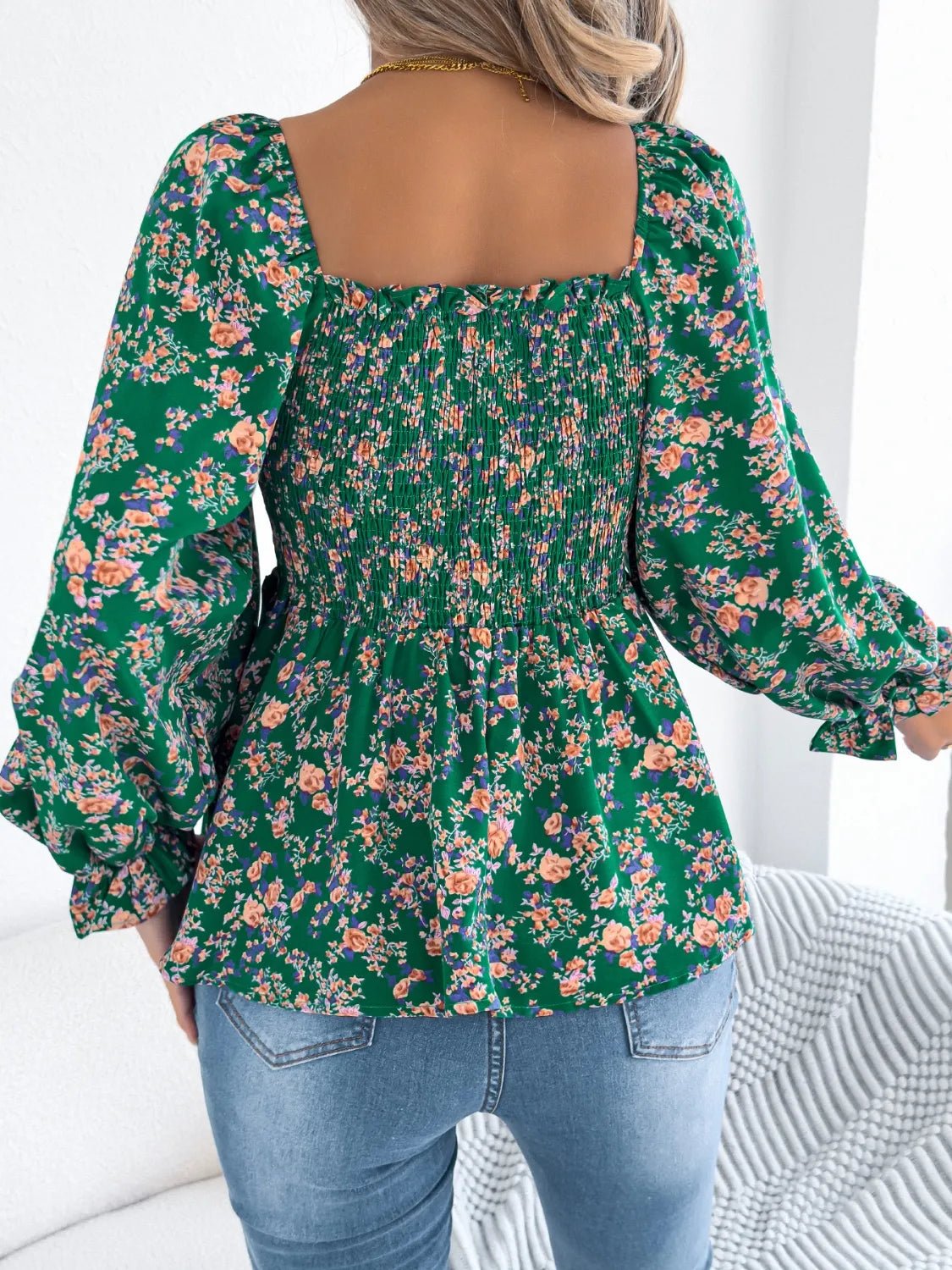 Floral Square Neck Flounce Sleeve Blouse - Lookzlike