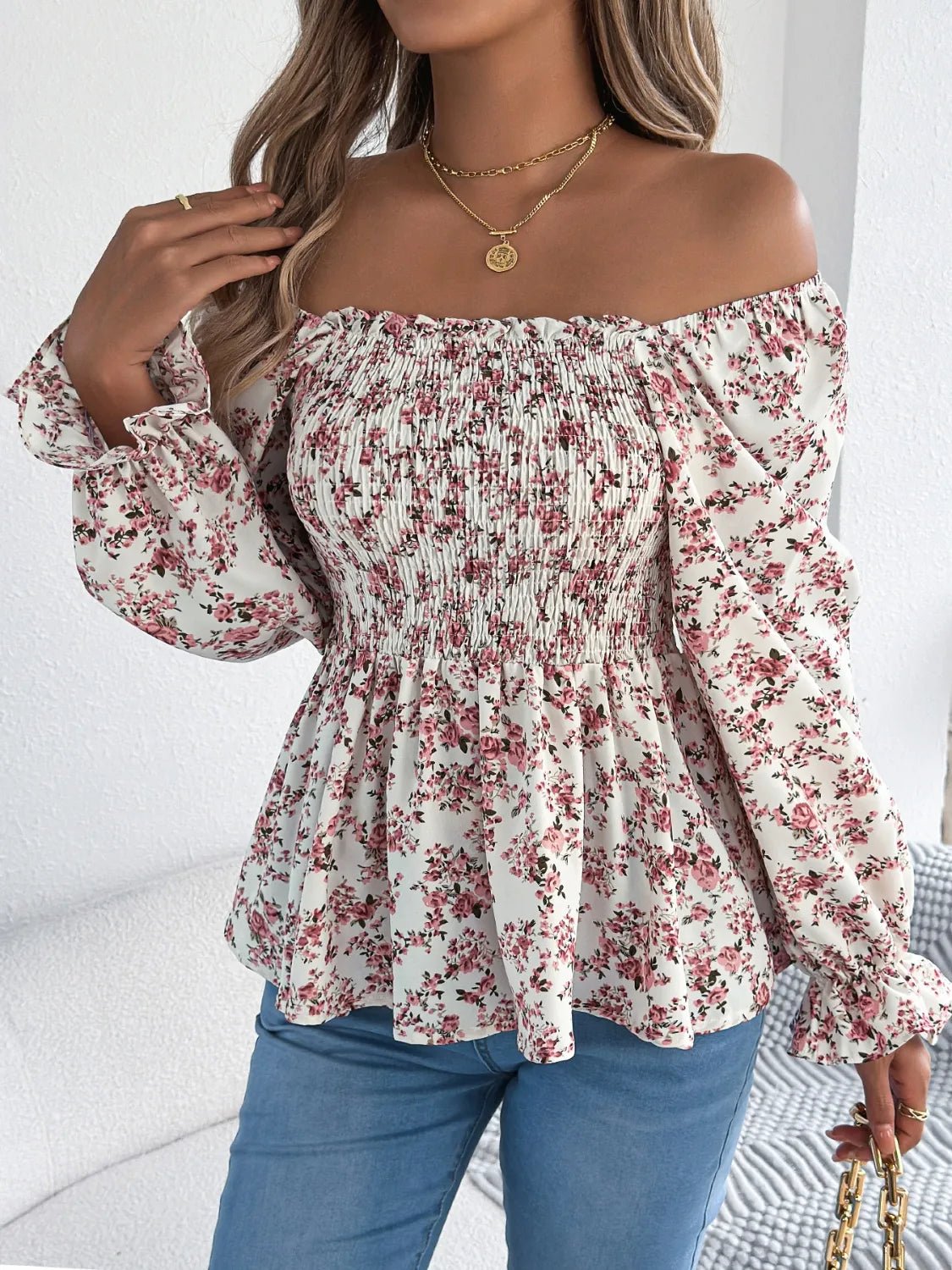 Floral Square Neck Flounce Sleeve Blouse - Lookzlike