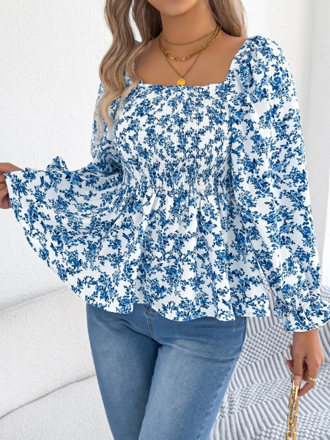 Floral Square Neck Flounce Sleeve Blouse - Lookzlike