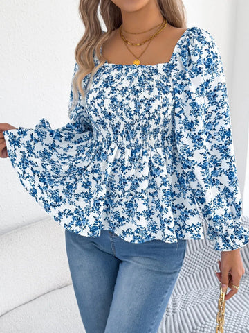 Floral Square Neck Flounce Sleeve Blouse - Lookzlike