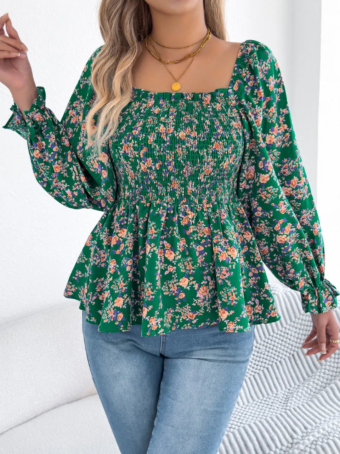 Floral Square Neck Flounce Sleeve Blouse - Lookzlike